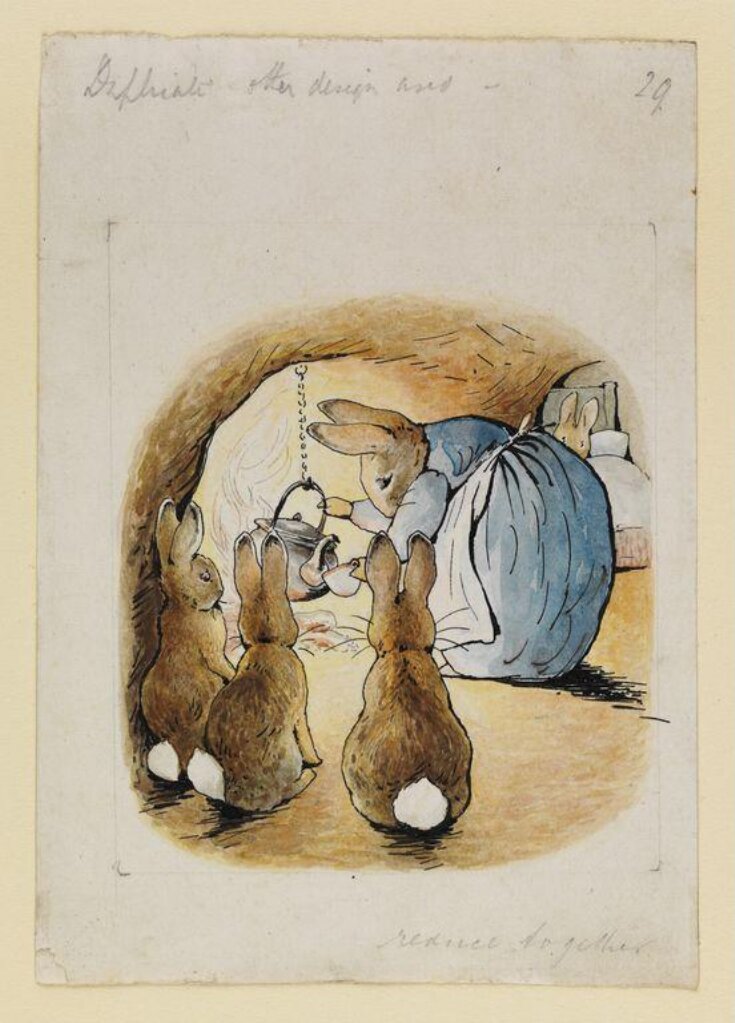 Mrs Rabbit pouring out the tea for Peter while her children look on: variant illustration for The tale of Peter Rabbit top image