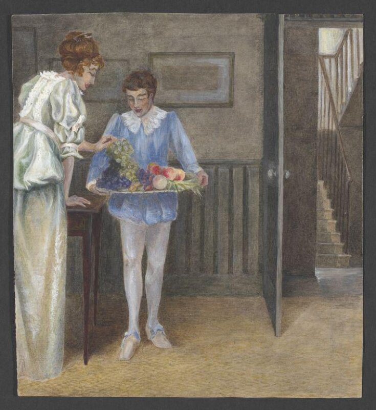 A lady being handed grapes by a page in an interior top image