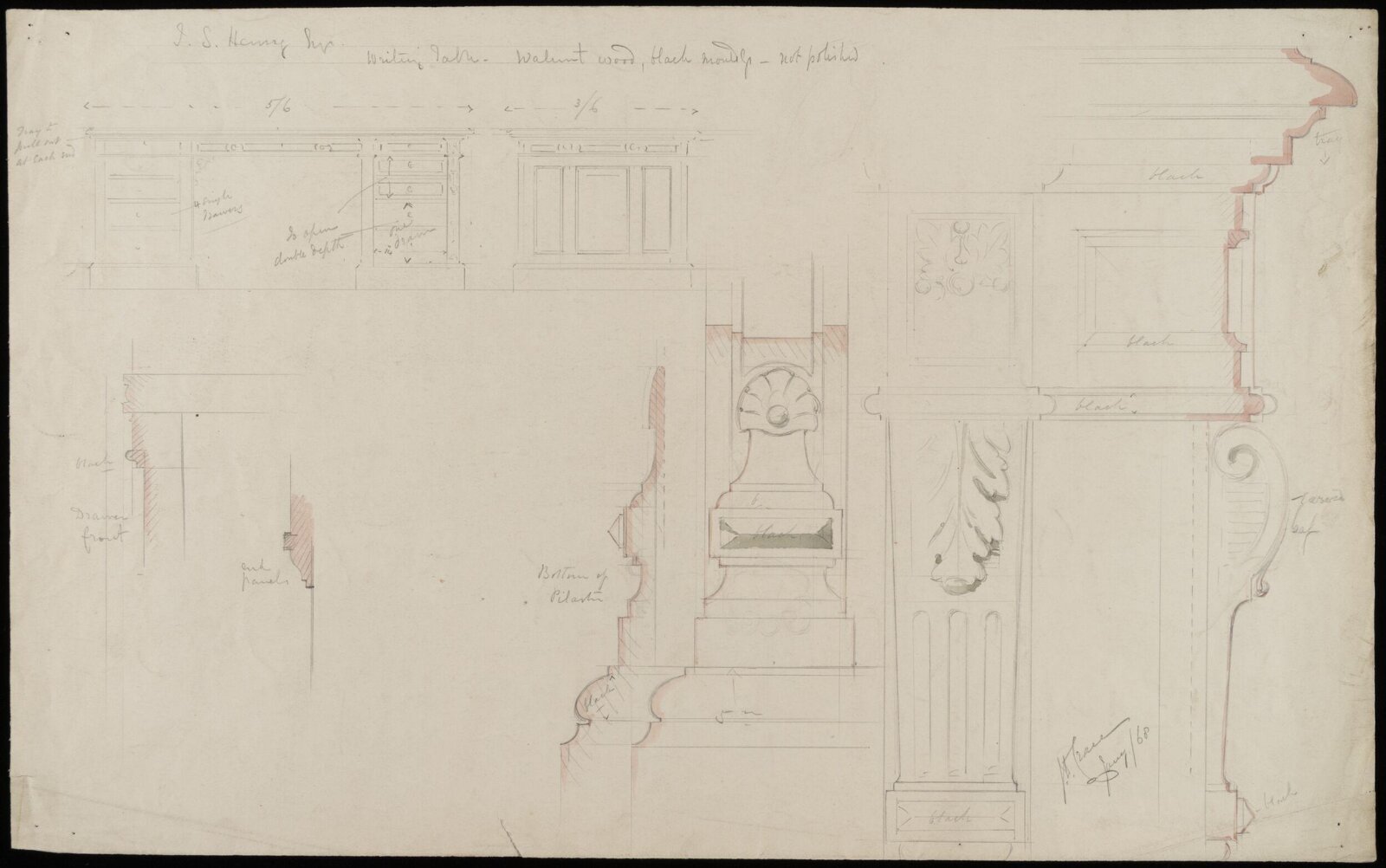 Design for a writing table, John Dibblee Crace, January 1868