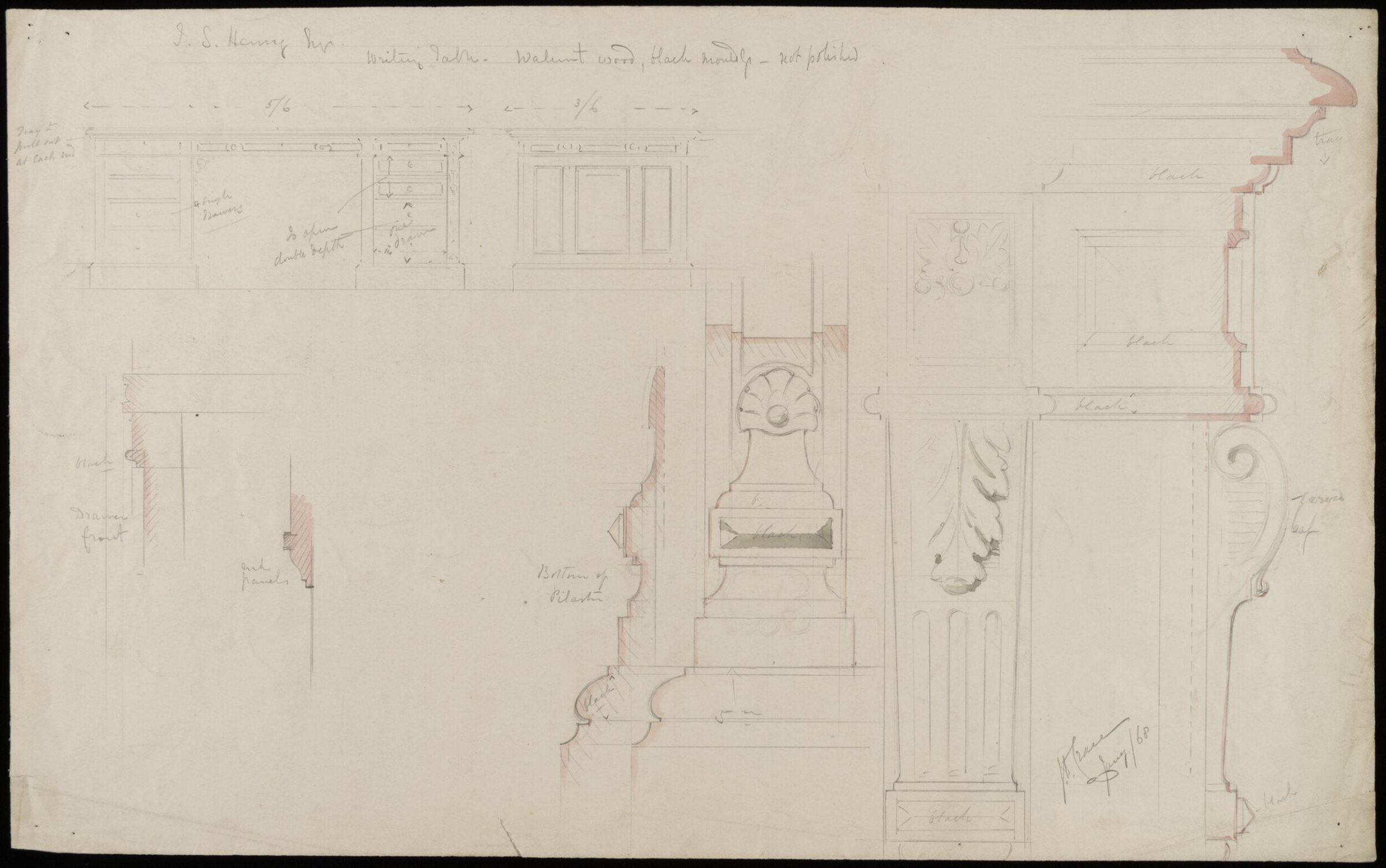 Design for a writing table, John Dibblee Crace, January 1868