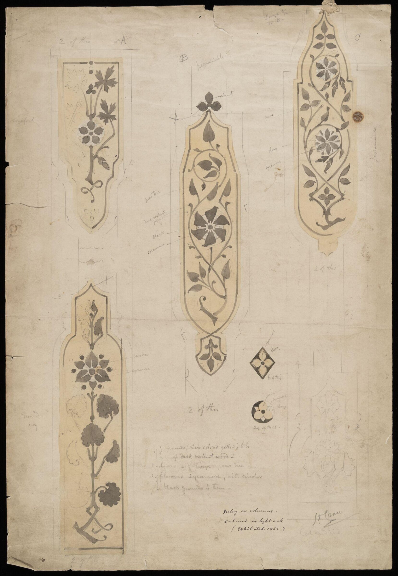 Ornament and inlay for furniture, John Dibblee Crace, 1860-1900
