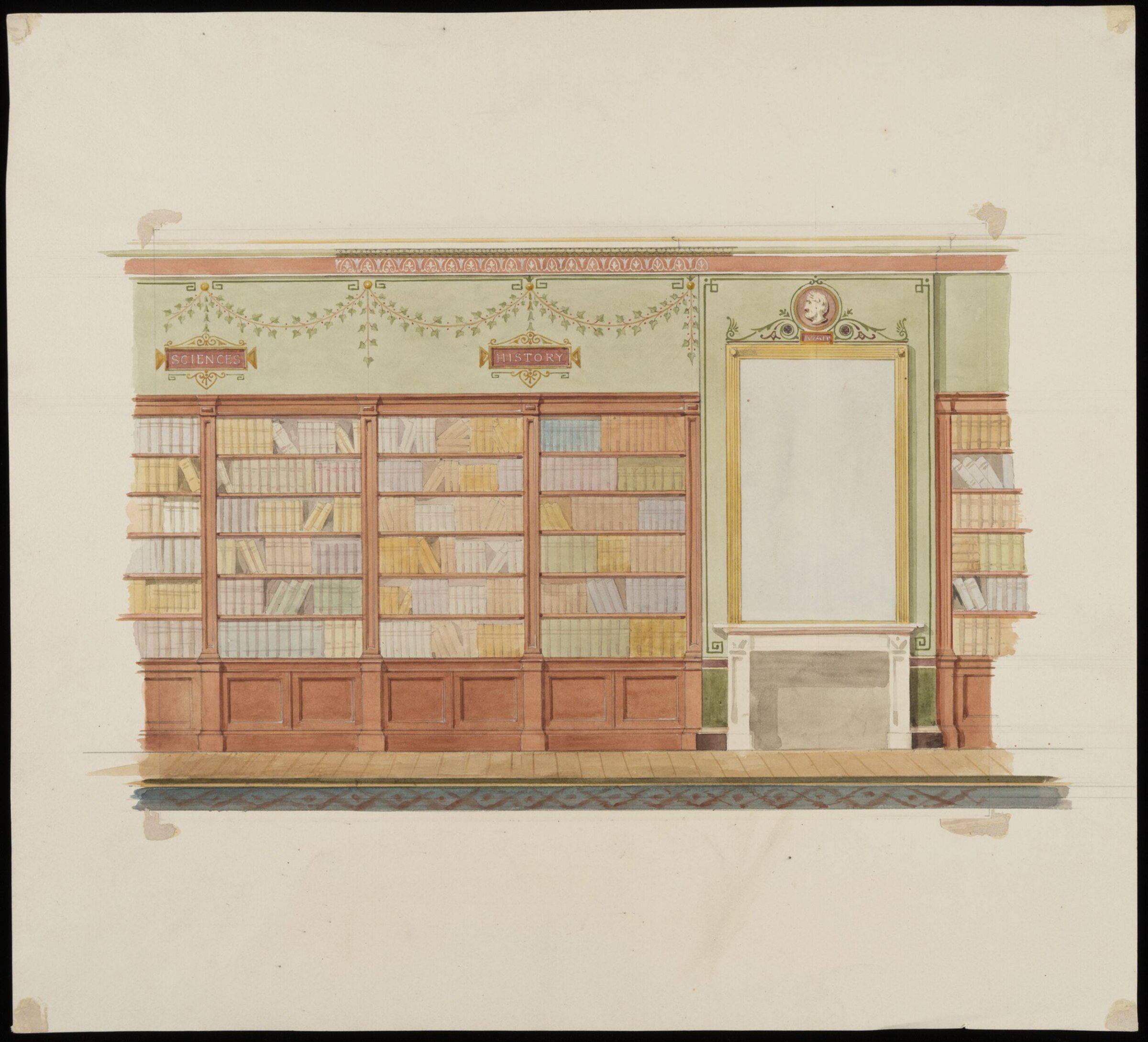 Design for mural decoration and a library, John Dibblee Crace, circa 1880