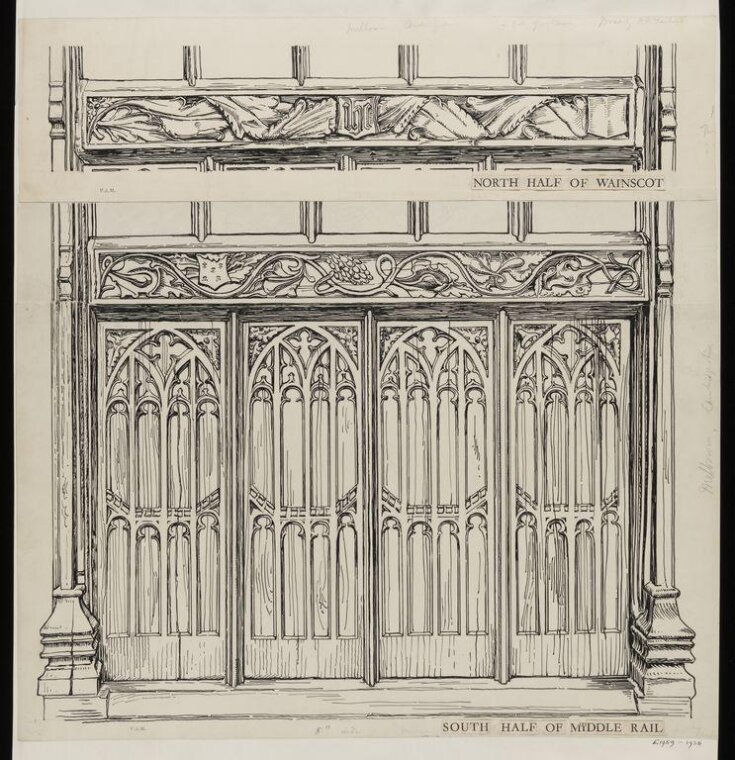 The north half of the middle rail and south half of the wainscot, of the rood-screen in the church of All Saints, Melbourne, Cambridgeshire. top image