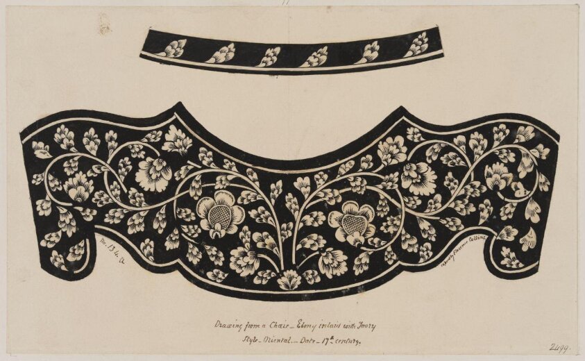 Inlaid ivory in ebony, in a chair