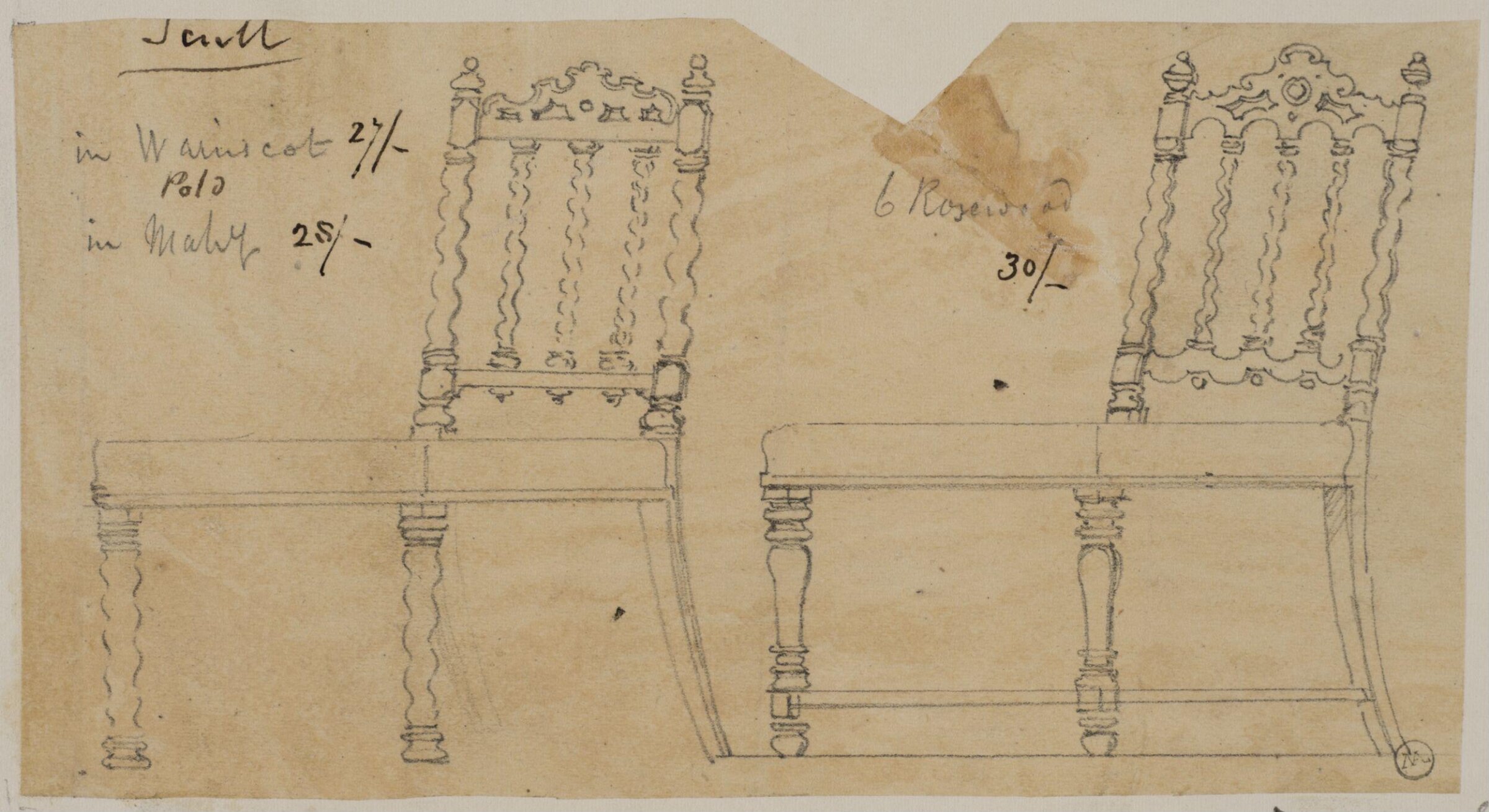 Designs for furniture for Kneller Hall, London, James Crabb, mid 19th century