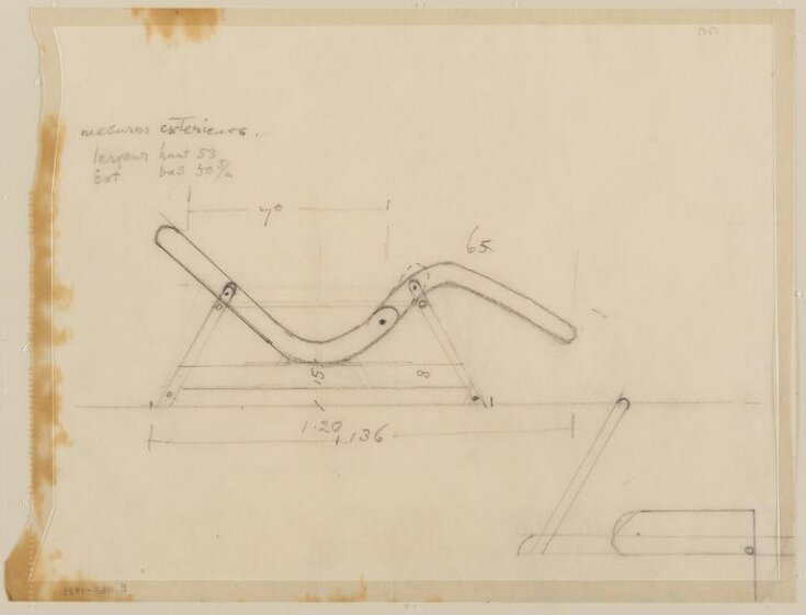 Design for a long folding chair in wood. c.1935-39. Side elevation and detail of legs, scale 1:10. top image