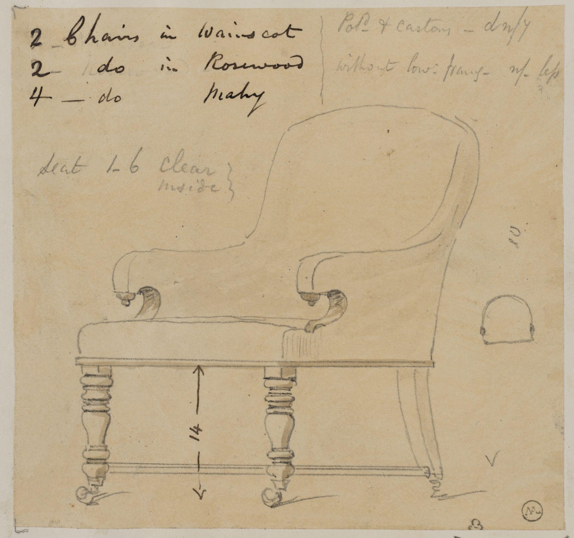 Designs for furniture for Kneller Hall, London, James Crabb, mid 19th century