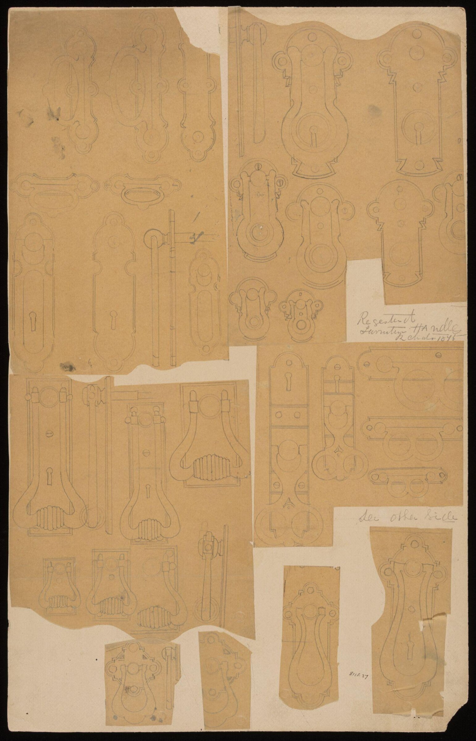 Drawing of furniture handles, R. Charles, 1875