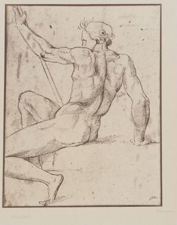 Study of nude male figure, side view, in pen