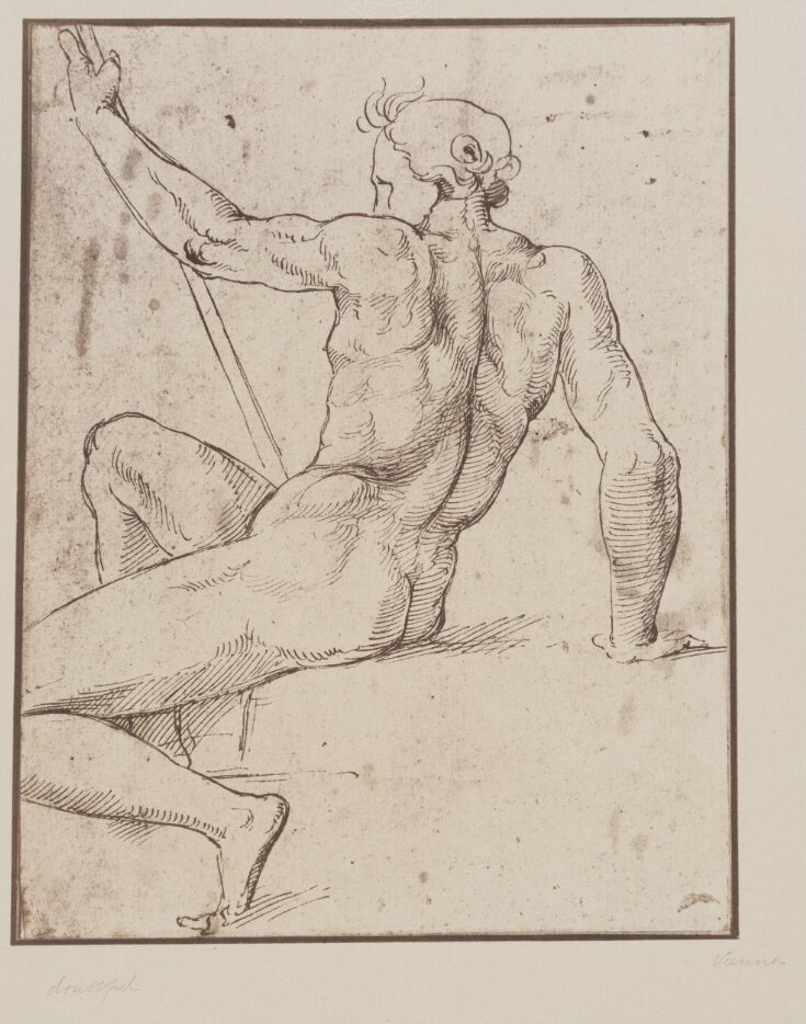 Study of nude male figure, side view, in pen top image