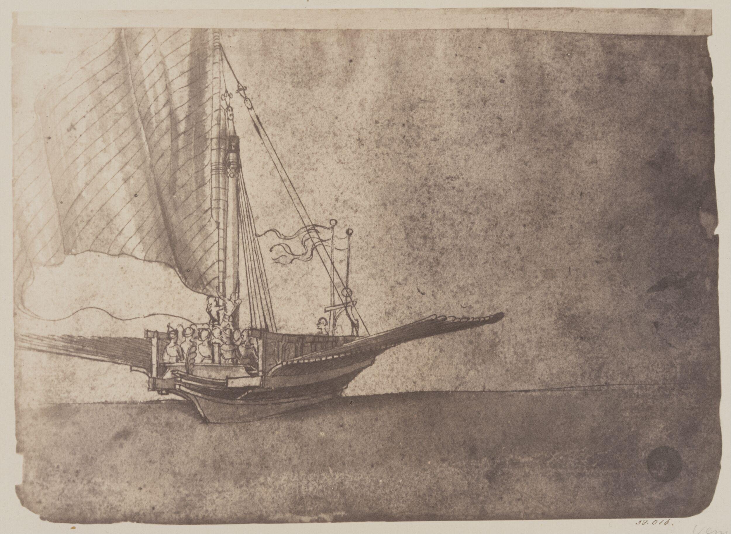 Galley with the sails set and the oars raised