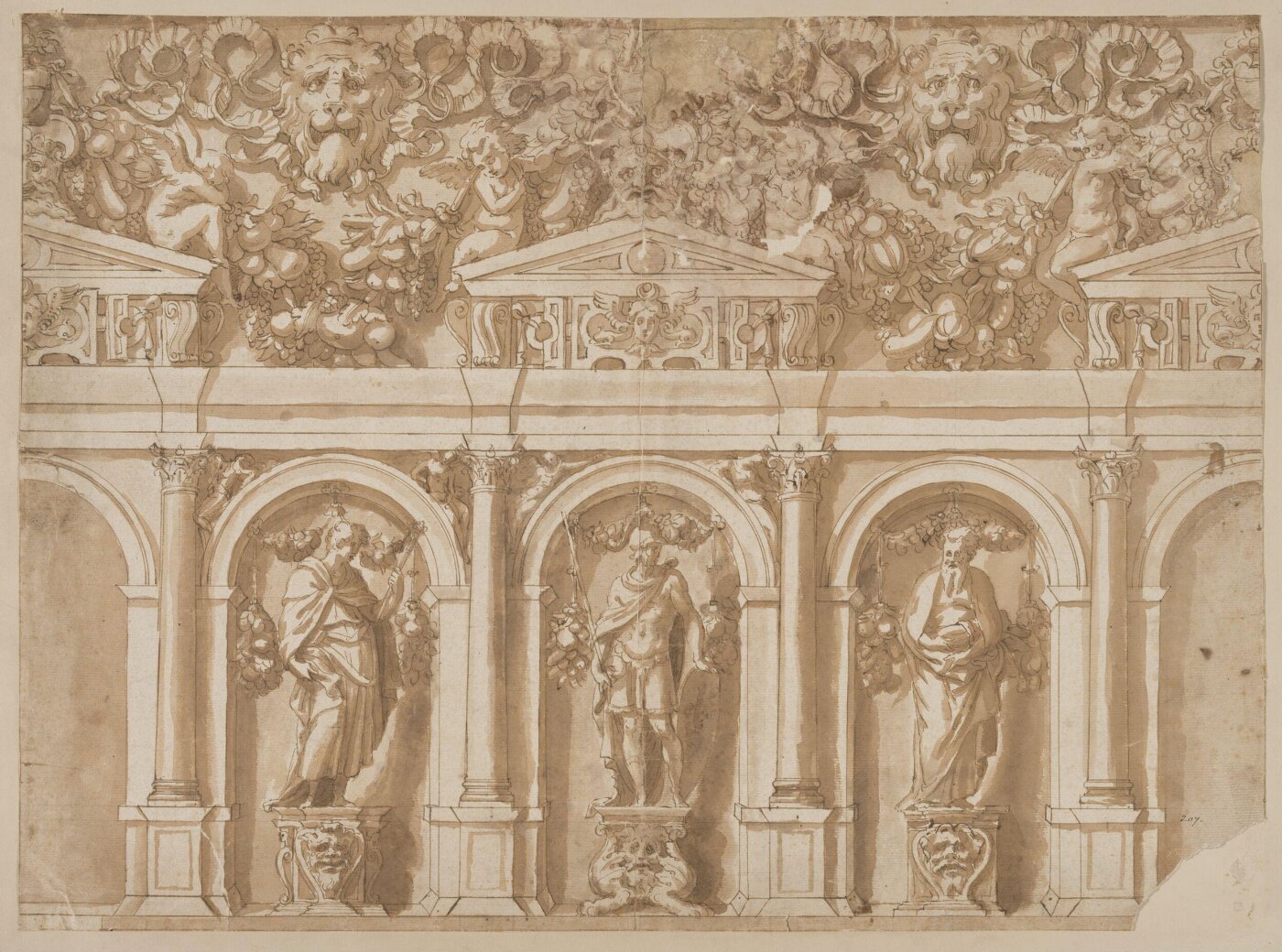 Unknown, Design for the side of a room, with three figures framed in arches, and a frieze decorated with putti, masks and swags of fruit