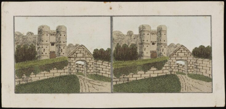 Stereoscopic photograph with sand depicting Carisbrook Castle  top image