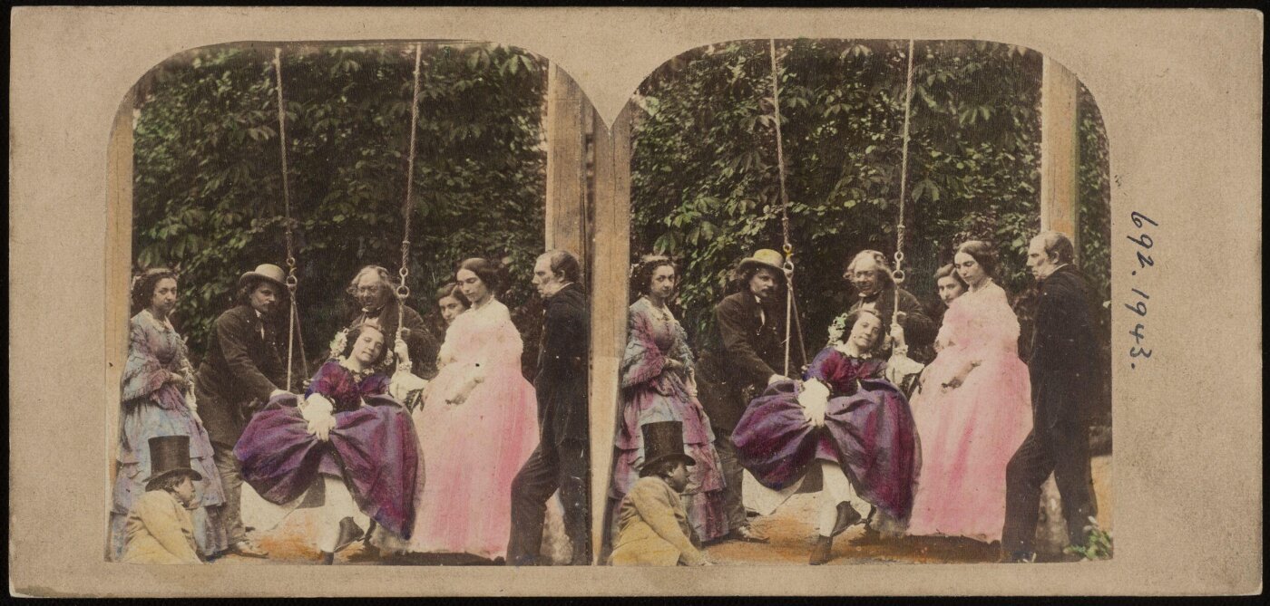Unknown, Group scene depicting men surrounding a woman on swing
