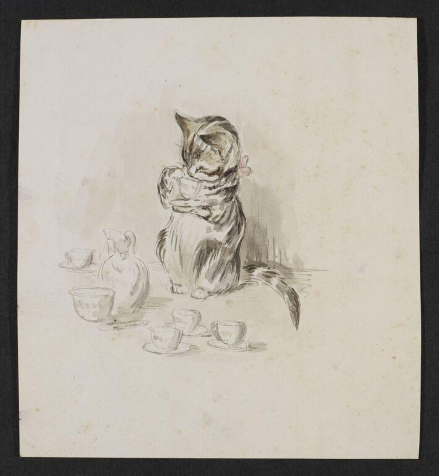 A cat drinking from a cup and saucer, Beatrix Potter, 1890s