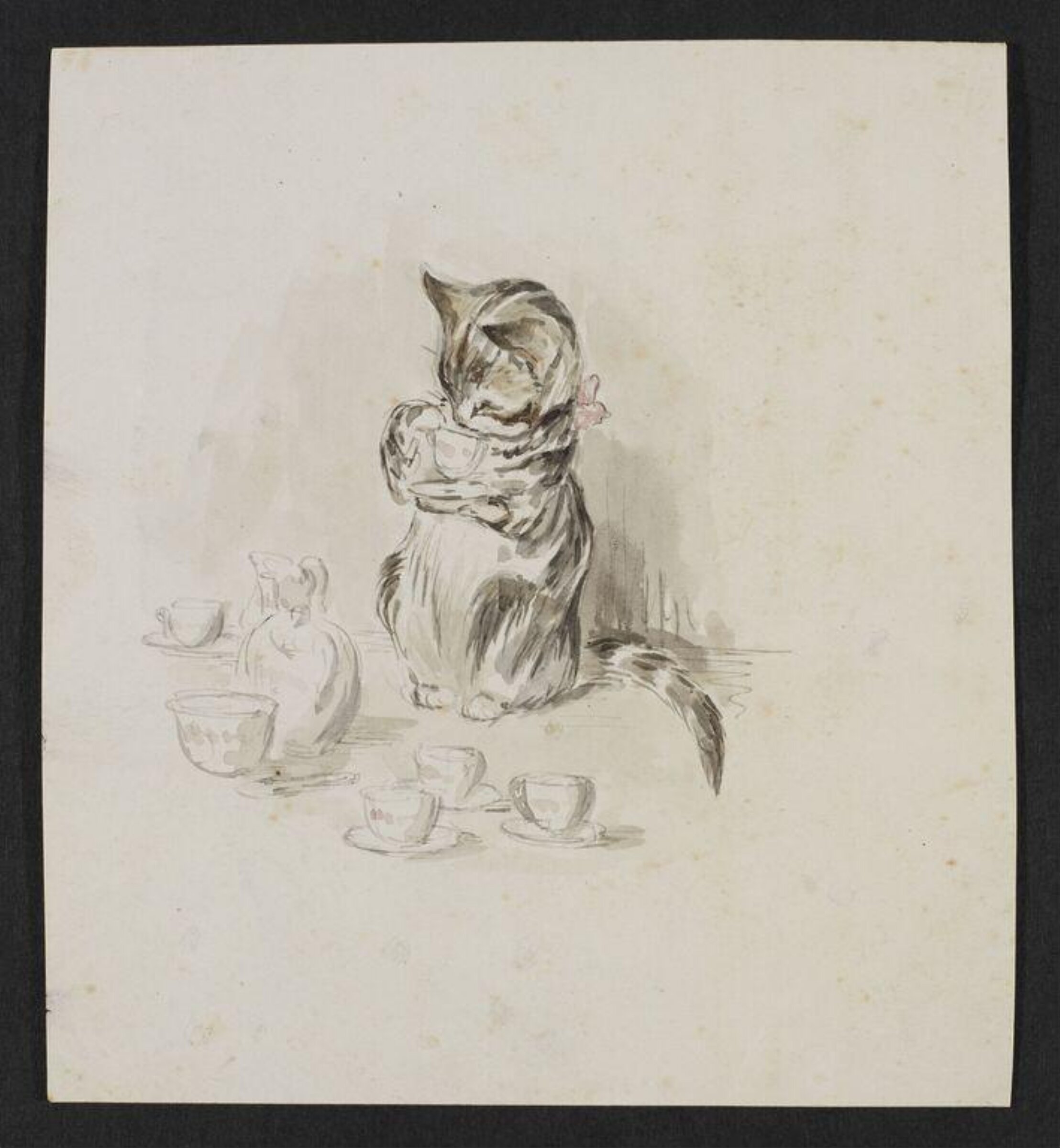 A cat drinking from a cup and saucer, Beatrix Potter, 1890s