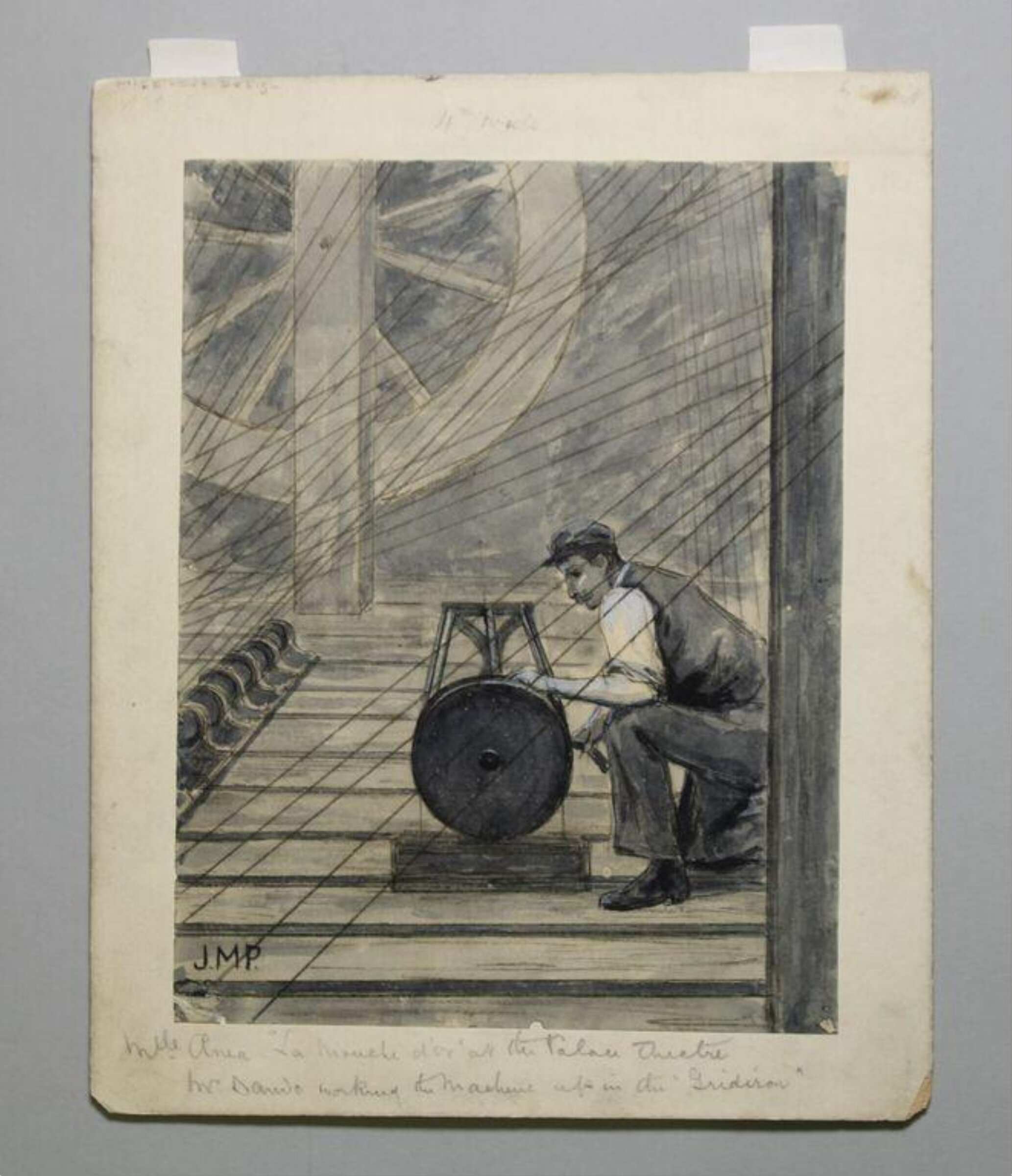 Mlle. Aenea at the Palace Theatre. Mr. Dando working the machine up in the gridiron, Julius Mendes Price, ca.1894