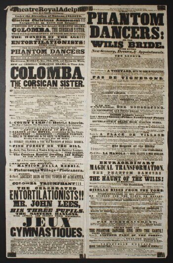 Poster advertising <i>Colomba the Corsican Sister</i>, the Celebrated Entortilationists, and <i>The Phantom Dancers, or, the Wilis Bride</i>, Theatre Royal Adelphi, 28 December 1846