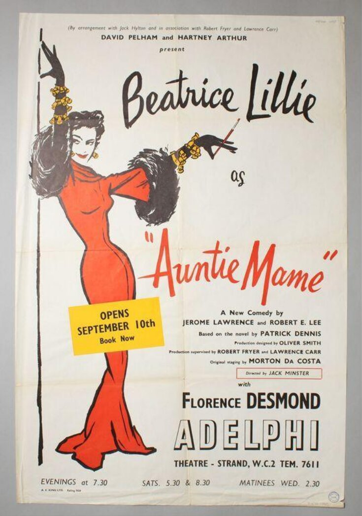 Poster advrtising Auntie Mame at the Adelphi Theatre 1958 top image