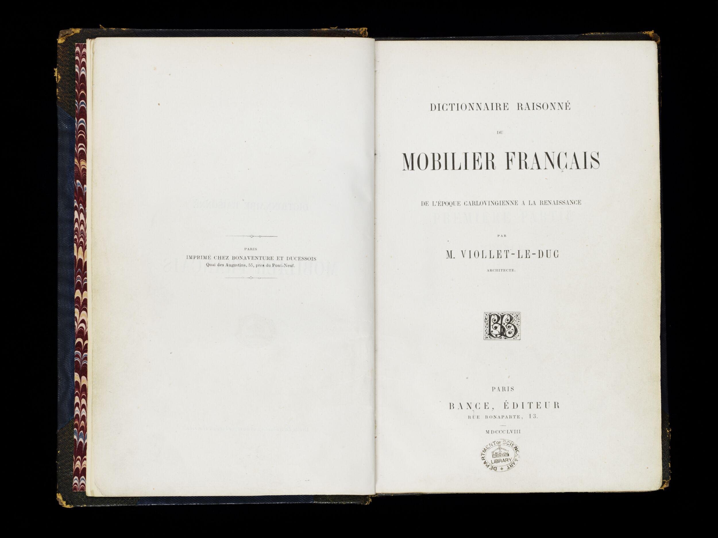 Dictionnaire  raisonné du mobilier français de l'époque  carlovingienne à la Renaissance