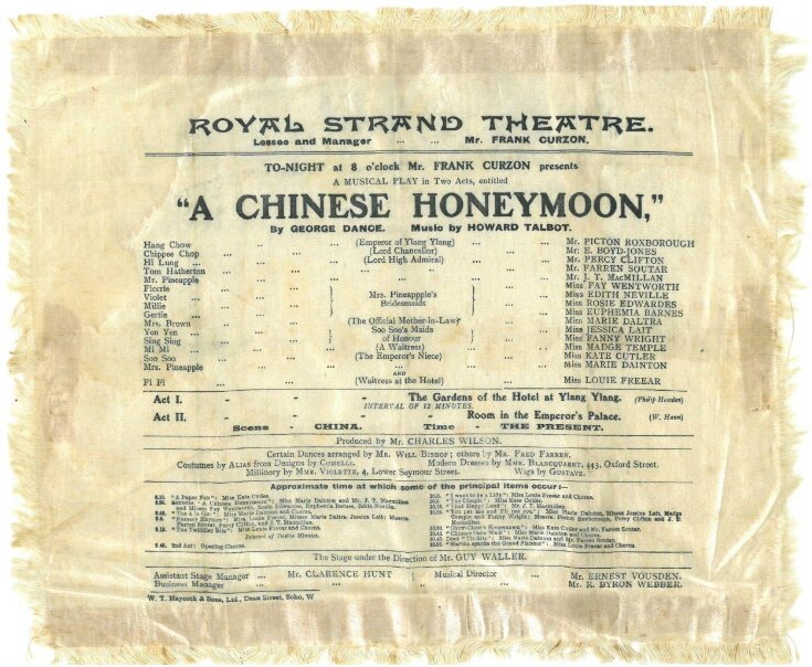 Silk programme for a performance of <i>A Chinese Honeymoon</i>, Royal Strand Theatre, 1902 image