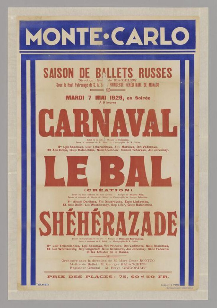 Poster advertising Serge Diaghilev's Ballets Russes performing <i>Carnival</i>, <i>Le Bal</i> and <i>Shéhérazade</i>, Théâtre de Monte Carlo, 7 May 1929 image