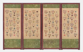 Silk folding screen embroidered with floral design and auspicious phrases