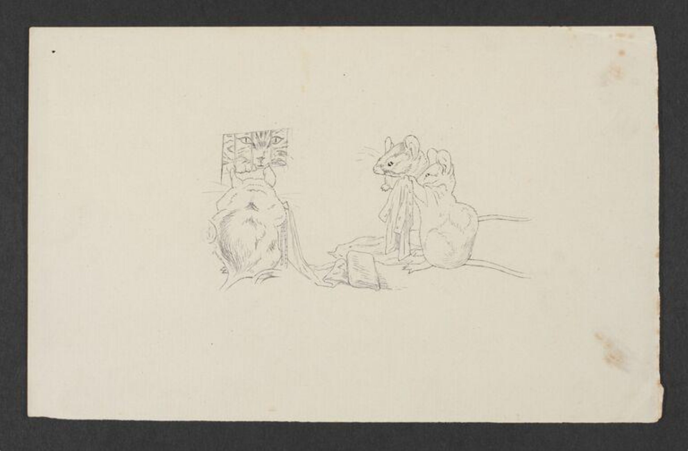 Three mice holding coats and speaking to a cat at the window, Beatrix Potter, ca. 1892