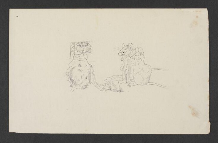 Three mice holding coats and speaking to a cat at the window top image