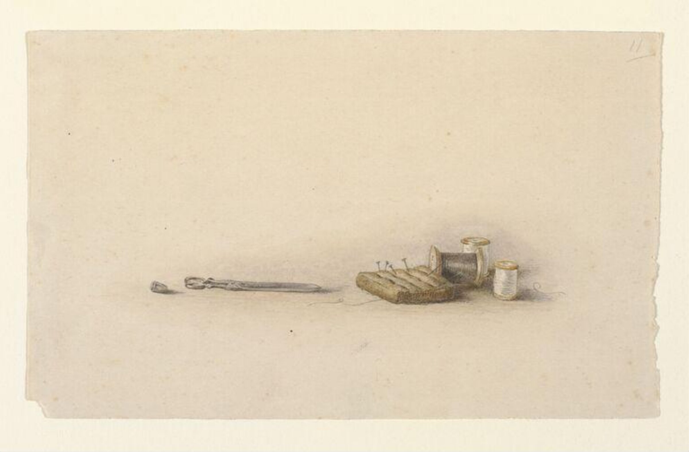 Thimble, scissors, pin-cushion and cotton reels, Beatrix Potter, ca. 1892