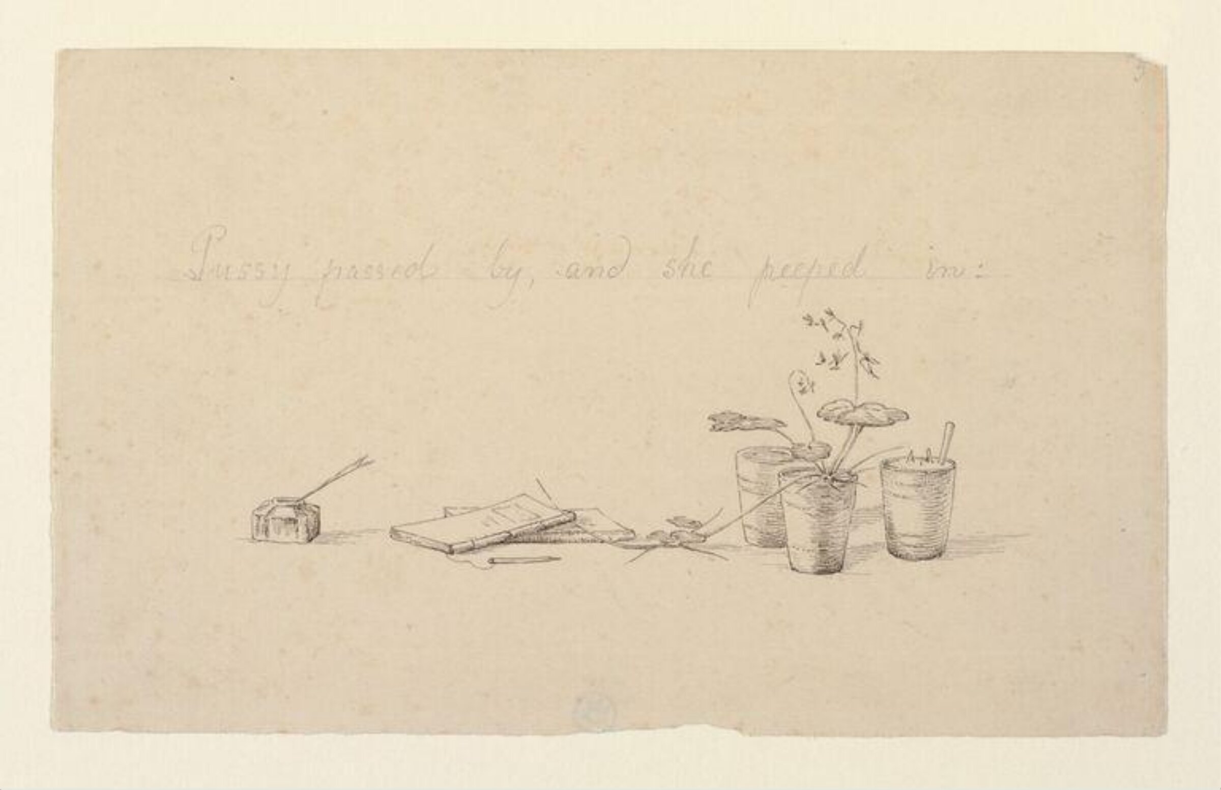 Text page design, 'Pussy passed by, and she peeped in', Beatrix Potter, ca. 1892