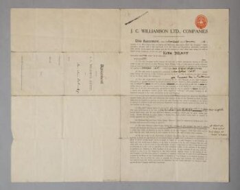 Contract between Nora Delany (1889-1977) and J.C. Williamson Ltd., dated 1921, for Nora Delany to tour in pantomime in Australia and New Zealand