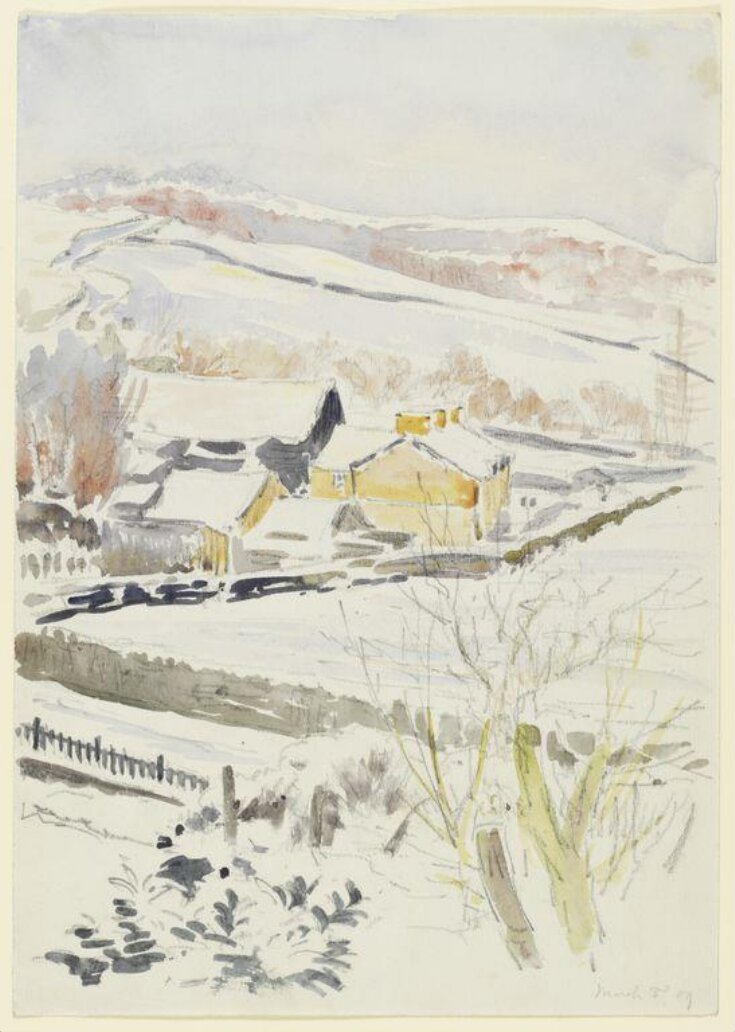 Snow scene showing a farm with outbuildings, and hillside beyond (near Sawrey) top image