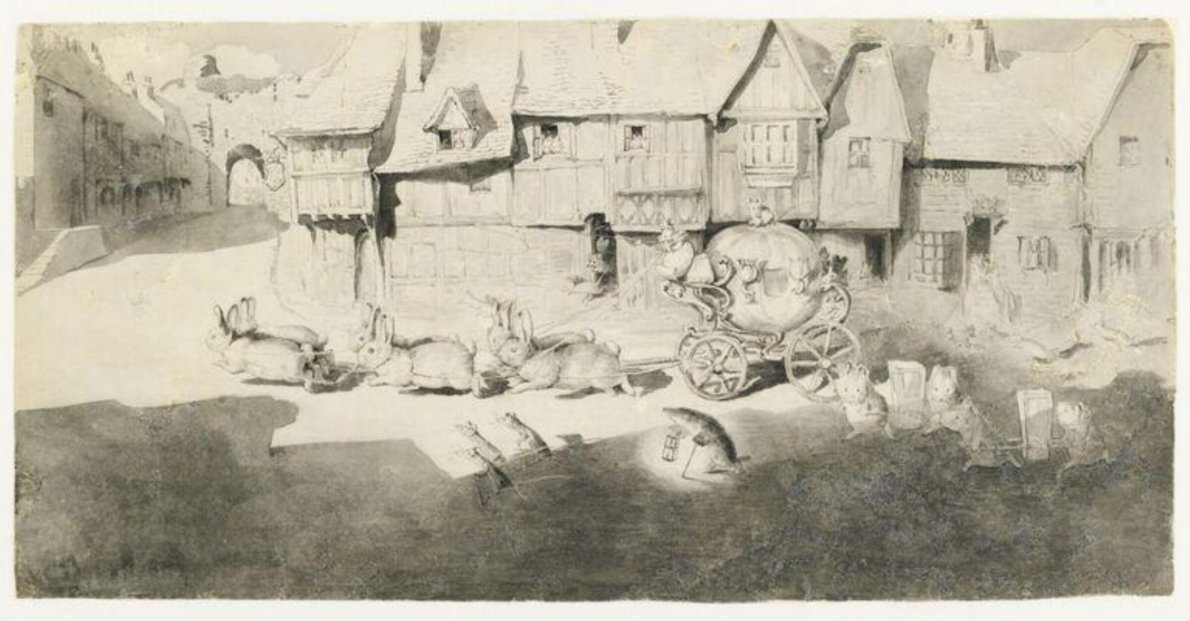 Pumpkin carriage drawn by three pairs of rabbits, Beatrix Potter, ca.1890s