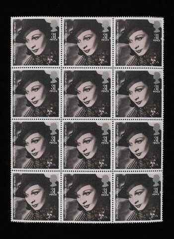 Postage stamps issued by the Royal Mail, 1985, featuring an image of Vivien Leigh (1913-1967). Designed by Keith Bassford (b.1949)  from a photograph by Angus McBean (1904-1990).