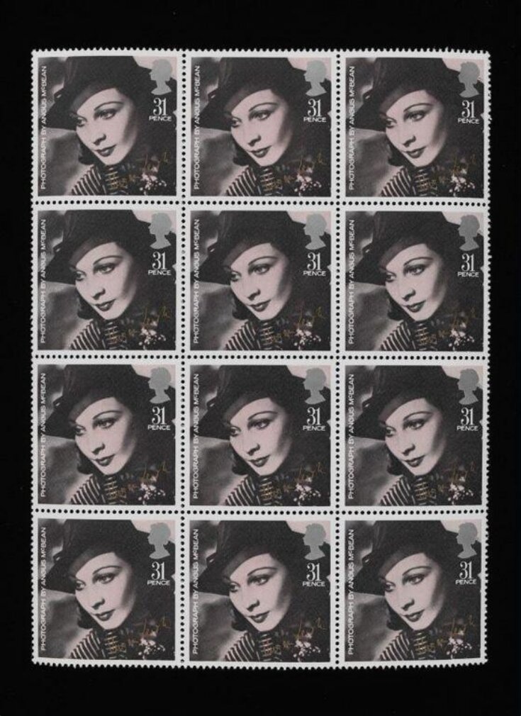 Postage stamps issued by the Royal Mail, 1985, featuring an image of Vivien Leigh (1913-1967). Designed by Keith Bassford (b.1949)  from a photograph by Angus McBean (1904-1990). image
