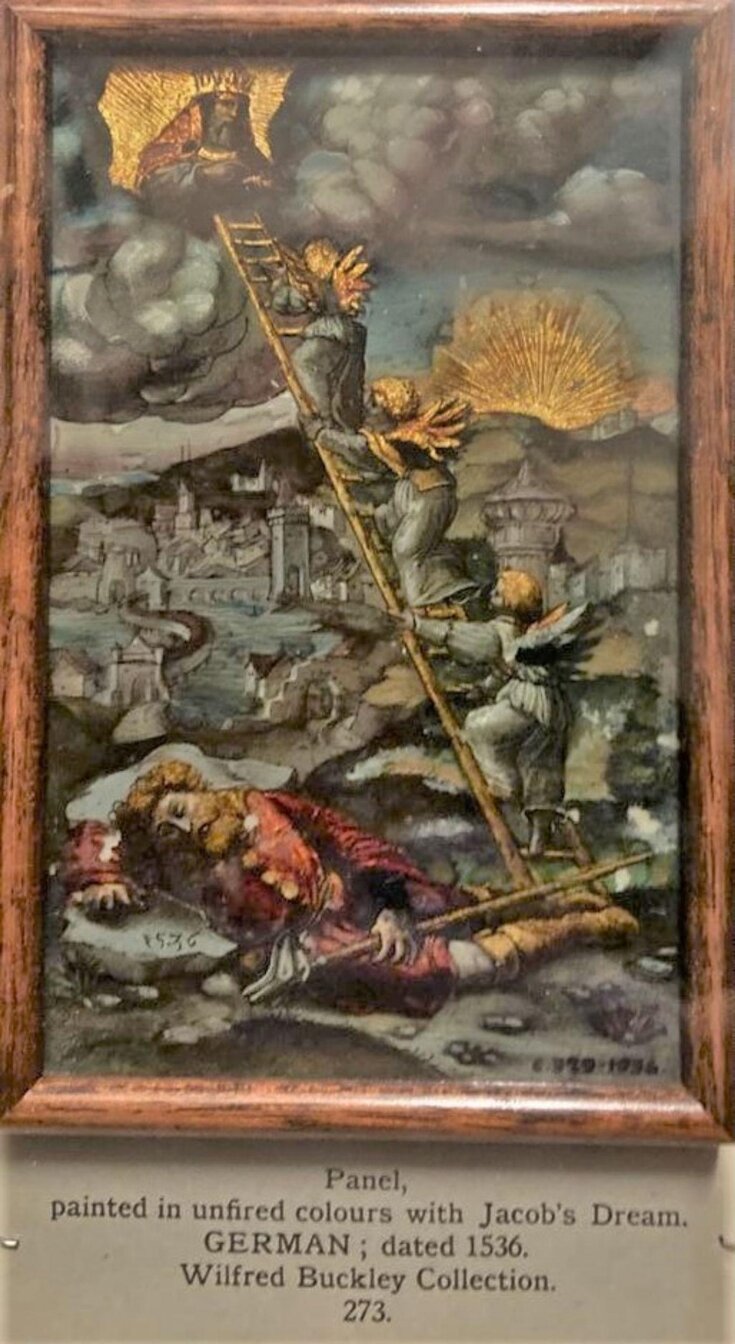 Jacob dreaming at the foot of a ladder with three angels ascending to heaven top image