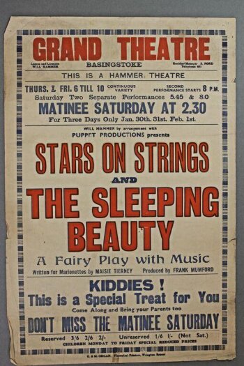 Poster advertising Frank and Maisie Mumford's puppet shows <i>Stars on Strings</i> and <i>The Sleeping Beauty</i>, Grand Theatre Basingstoke, 30th January to 1st February 1947