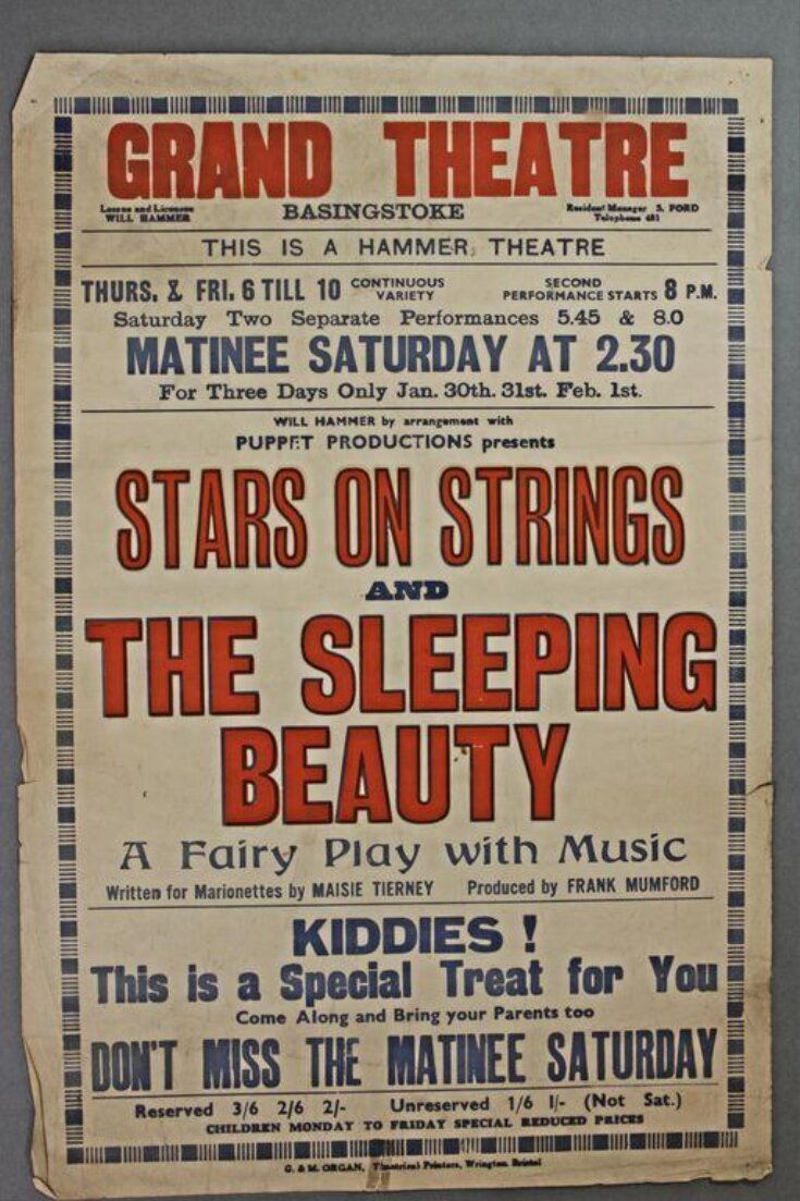 Poster advertising Frank and Maisie Mumford's puppet shows <i>Stars on Strings</i> and <i>The Sleeping Beauty</i>, Grand Theatre Basingstoke, 30th January to 1st February 1947 image