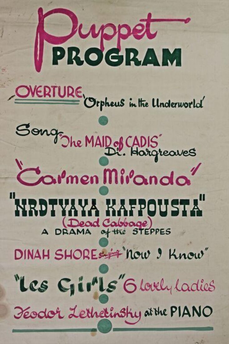 Poster advertising a Variety programme by Frank and Maisie Mumford's marionettes for an unidentified venue. Hand-painted, ca.1947 top image