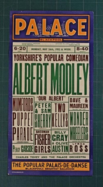 Typographic poster advertising twice-nightly Variety at the Palace Theatre Blackpool, 26th May 1952. 