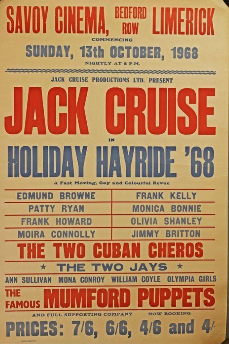 Poster advertising the revue <i>Holiday Hayride '68</i> starring Jack Cruise at the Savoy Cinema Limerick, 13th October 1968 image