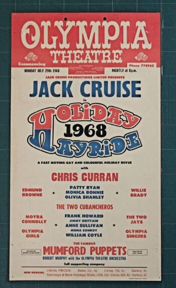 Hanging card advertising the revue <i>Holiday Hayride '68</i> starring Jack Cruise at the Olympia Theatre Dublin, Mondy 29th July 1968