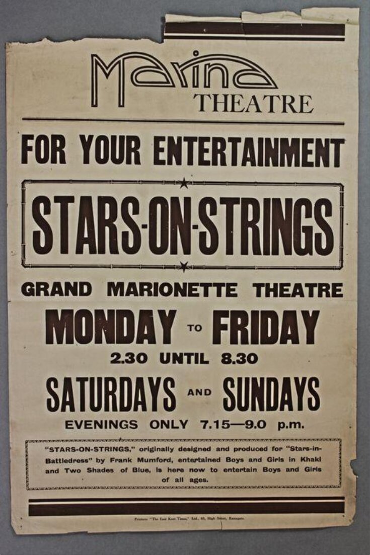 Poster advertising Frank Mumford's <i>Stars on Strings </i>Grand Marionette Theatre, Marina Theatre Ramsgate, ca.1946  image