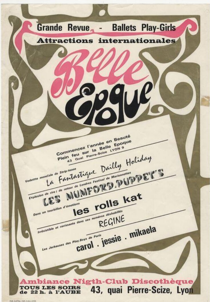 Poster advertising the New Year or January programme of entertainment at the <i>Belle Epoque</i> nightclub, Lyon, ca.1965 image
