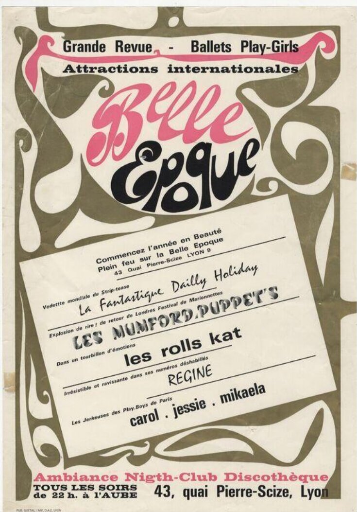 Poster advertising the New Year or January programme of entertainment at the Belle Epoque nightclub, Lyon, ca.1965 top image