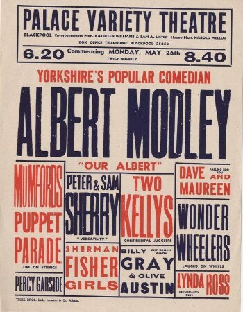 Typographic poster advertising twice-nightly Variety at the Palace Theatre Blackpool, 26th May 1952. 