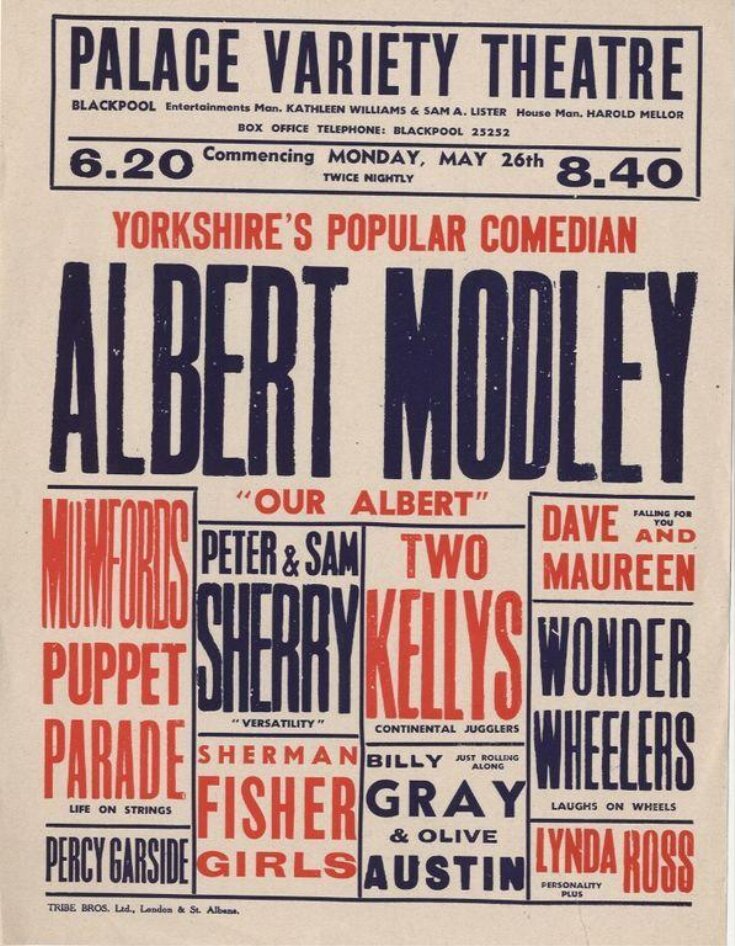 Typographic poster advertising twice-nightly Variety at the Palace Theatre Blackpool, 26th May 1952.  image