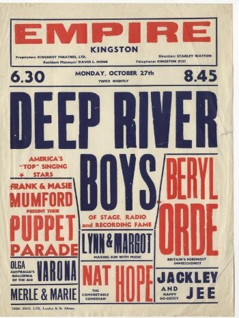 Poster advertising twice-nightly Variety at the Kingston Empire, 27th October 1952