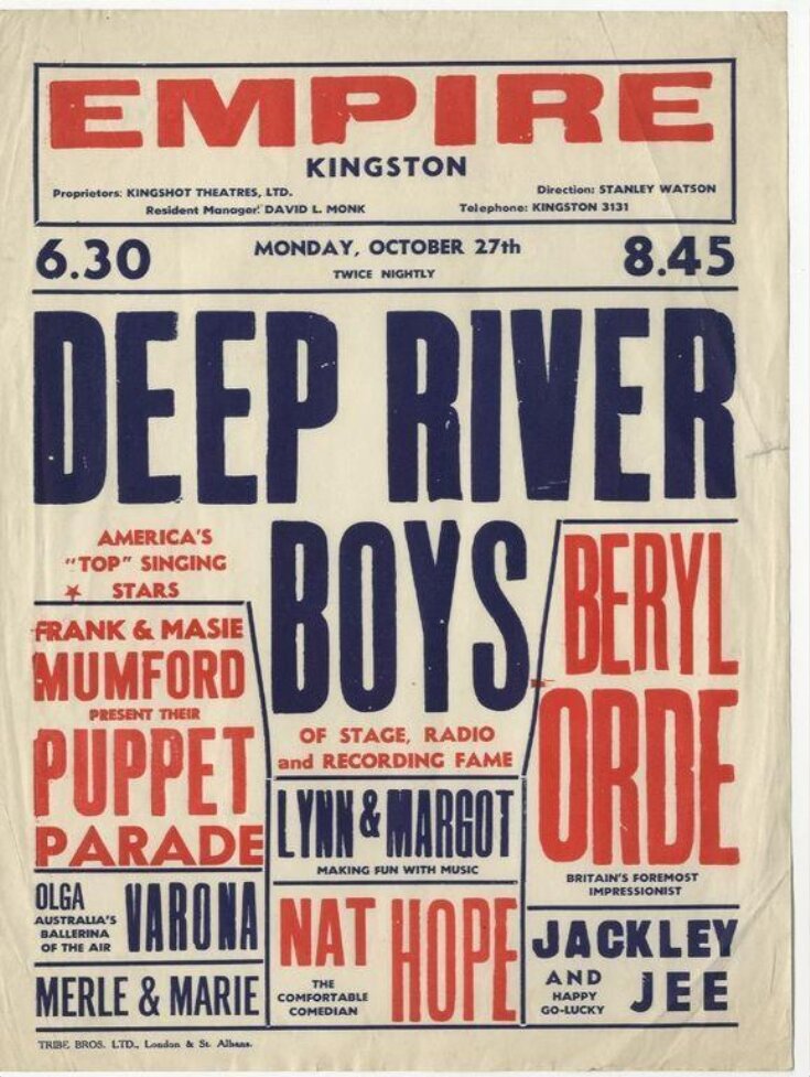 Poster advertising twice-nightly Variety at the Kingston Empire, 27th October 1952 image